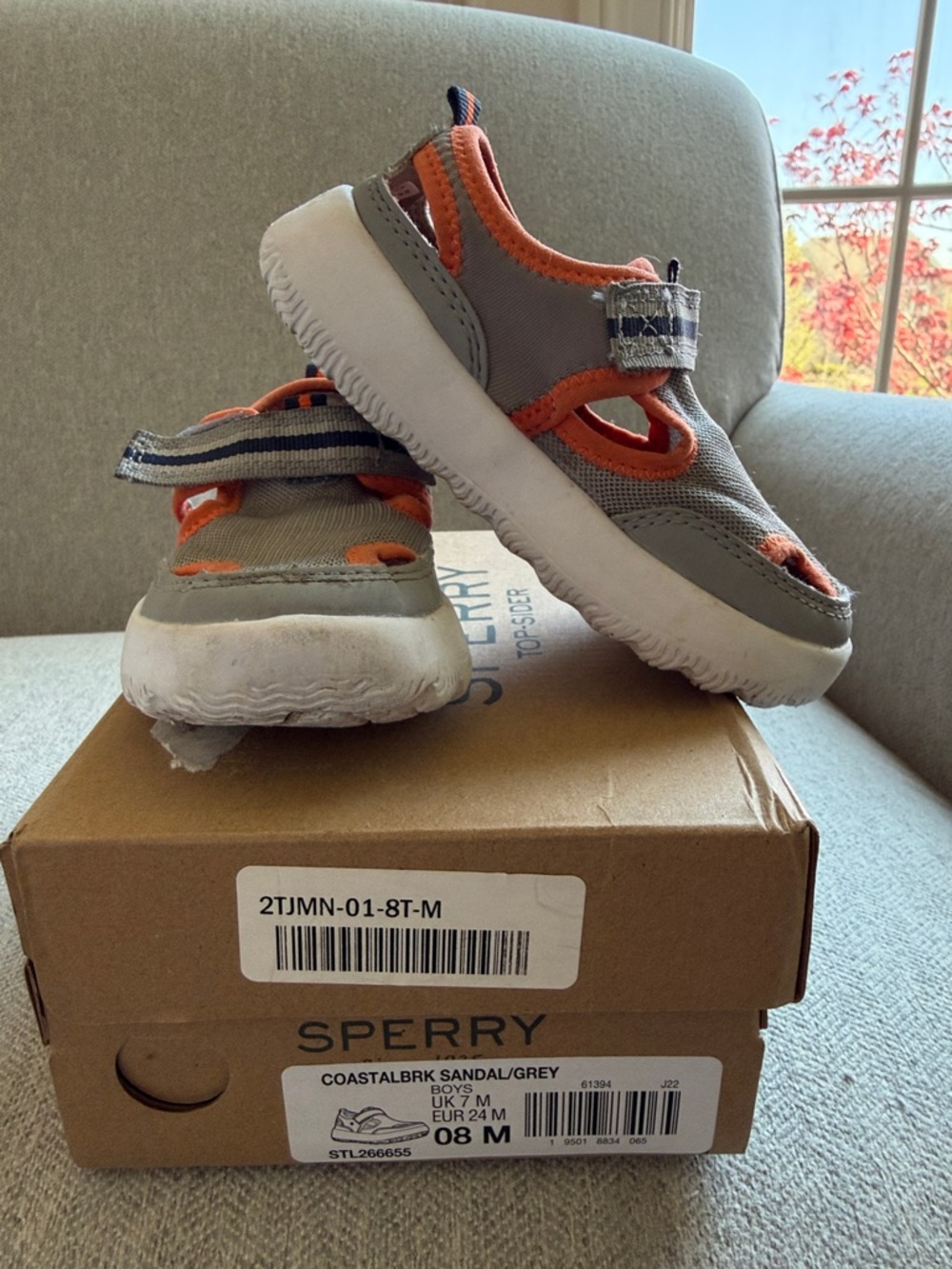 8t Sperry Kids Coastal Water Sandal in Grey/Orange GUC